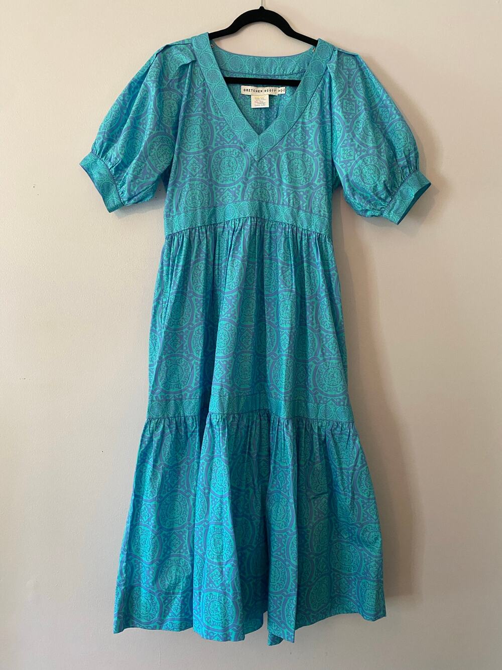 Gretchen Scott Blue Viviers Tiered Maxi Dress Short Sleeve Flowy Cotton Small